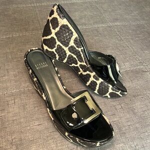 stuart weitzman giraffe print platform wedges with giant buckle
